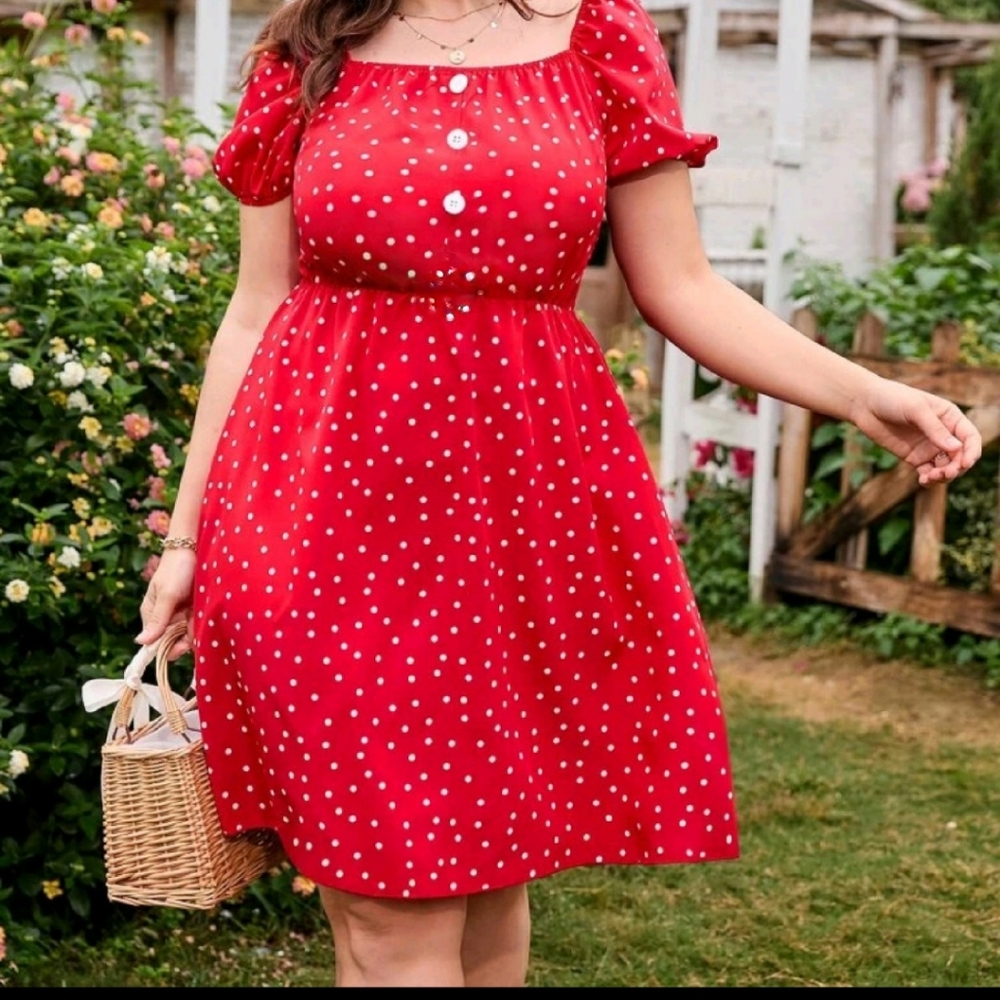 New Red/ White Polka Dot Poof Sleeve Dress 18